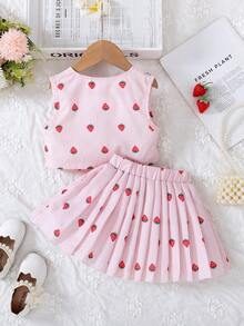 Bộ 2 món/Bộ trang phục thời trang thanh lịch mùa hè cho bé gái mới biết đi, Áo vest in họa tiết dâu tây sọc hồng + Chân váy xếp ly in họa tiết dâu tây sọc hồng phù hợp, Thích hợp cho bé gái mặc thường ngày - Hồng - Xem 3