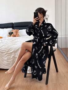 Women's Sleepwear, Cute Cat Print Soft Long Sleeve Pajamas, Plush Bathrobe Loungewear, Warm Winter Home Dress, Black - Black - View 1