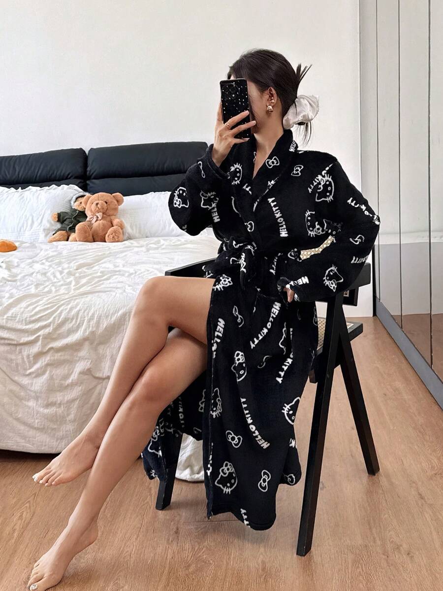 Women's Sleepwear, Cute Cat Print Soft Long Sleeve Pajamas, Plush Bathrobe Loungewear, Warm Winter Home Dress, Black - Black - View 1