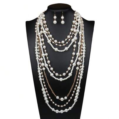 2pcs/Set Exaggerated Multi-Layer Pearl Necklace & Earrings Set, Long Elegant Beaded Sweater Chain Jewelry, Suitable For Daily Wear, Weddings And Parties