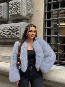 女式圆领宽松短款仿皮草时尚休闲夹克 - 淺藍色 - 查看 5