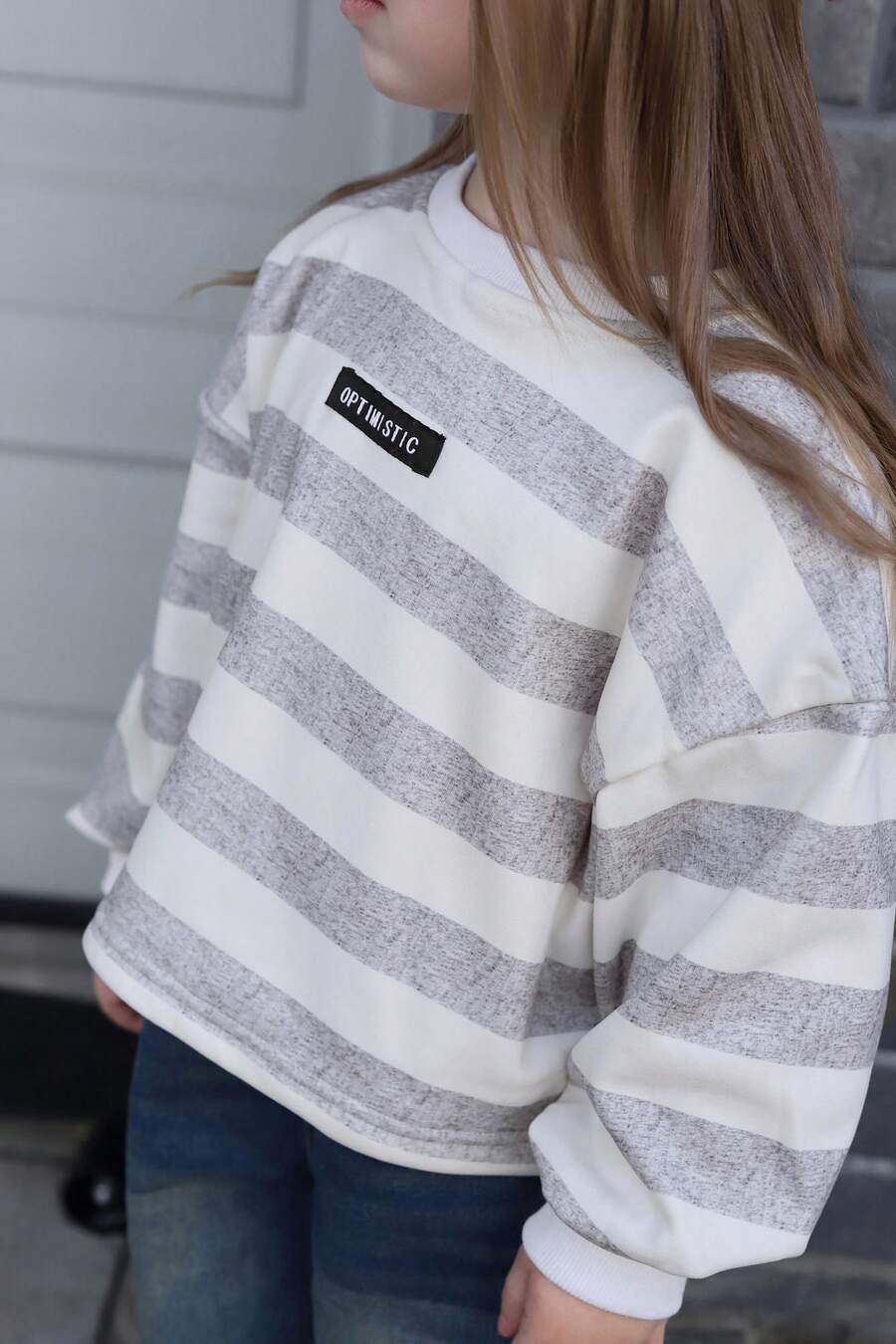 DAZY 少女条纹圆领羊毛运动衫，秋季 - 灰色 - 查看 1