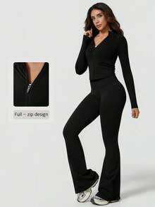 NcmRyu 1 Set Women Seamless Ribbed Zip Up Mock Neck Long Sleeve Flare Pants Activewear Set - Black - View 4