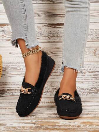 大码女式时尚纯色西式金属装饰一脚蹬平底鞋