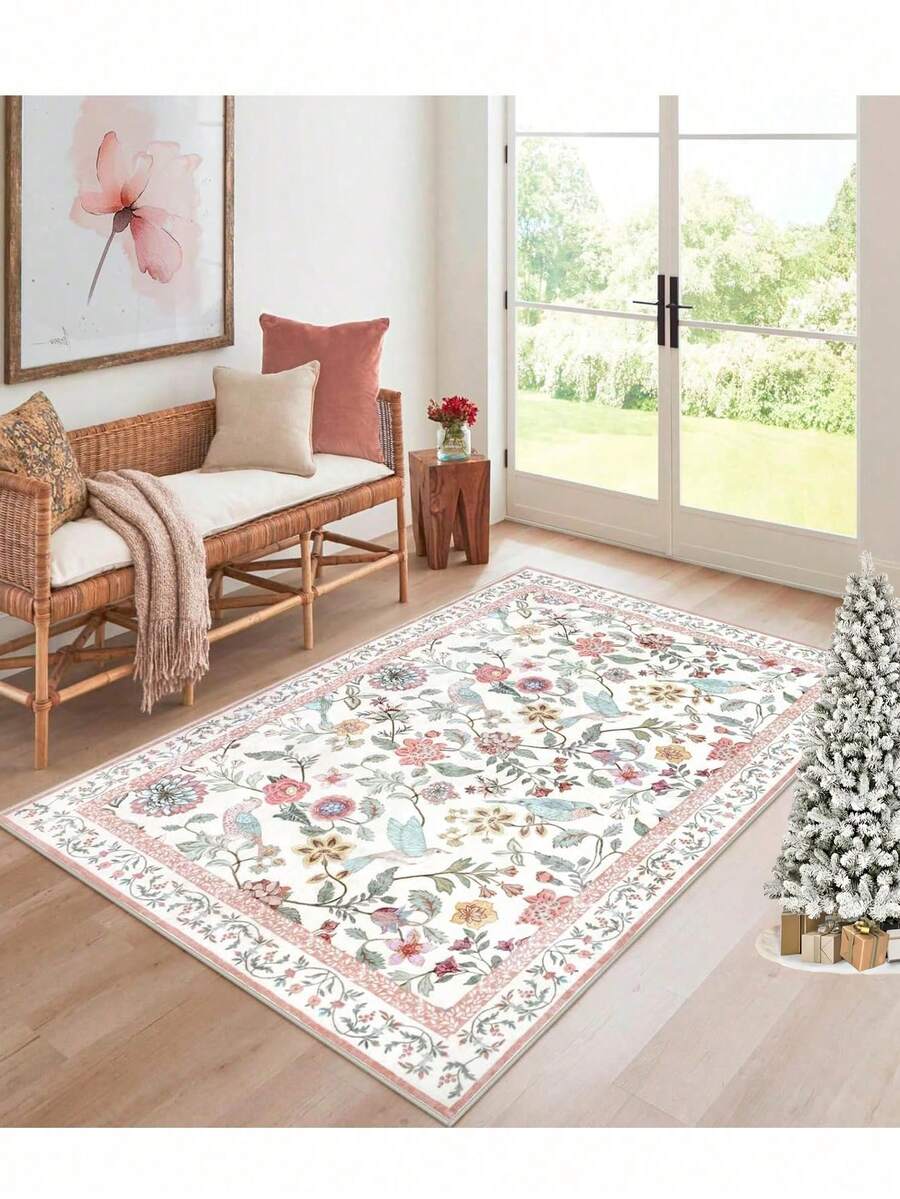 Thảm trải sàn cao cấp phong cách Bohemian cổ điển màu hồng họa tiết hoa, chống trơn trượt và có thể giặt máy, hoàn hảo cho phòng khách, phòng ngủ, hành lang - Thiết kế sân hiên trang nhã với những bông hoa rực rỡ và họa tiết Baroque, thảm trong nhà | Thảm họa tiết hoa | Mặt sau chống trơn trượt, thảm phòng khách. - Màu Hồng baby - Xem 1