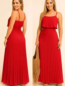 Women's Long Pleated Chic Comfortable Dress With Thin Straps - Red - View 1