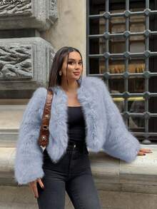 女式圆领宽松短款仿皮草时尚休闲夹克 - 淺藍色 - 查看 7