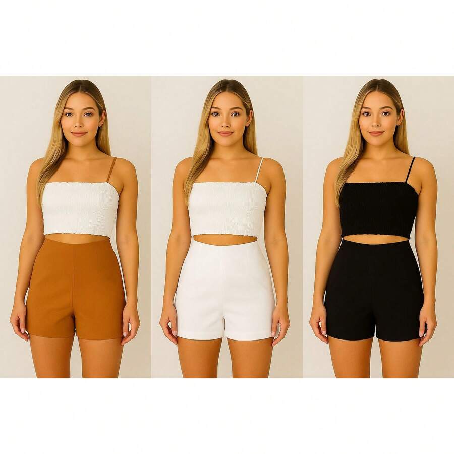 SHORT KIT OF 3 PIECES, TAILORED SOCIAL WORK, NEW FASHION 2025 - WHITE BLACK CARAMEL - View 1
