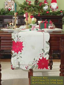 1pc Colorful Embroidered, Applique, Hollow Craft Christmas Table Runner, European Style Christmas Flower & Leaf Elements, 100% Polyester Fabric, Suitable For Christmas Decoration, Party, Holiday Atmosphere, Home Decor, Kitchen, Coffee Table, Cabinet, Round/Rectangular Placemats, Indoor/Outdoor, Party/Wedding Decorations, Multiple Sizes Available - Multicolor - View 4