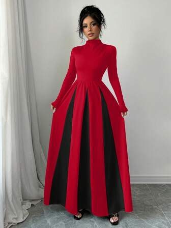 优雅圆领长袖黑杏撞色修身收腰A字连衣裙，婚礼晚会约会，正式场合，婚礼宾客，新款女装