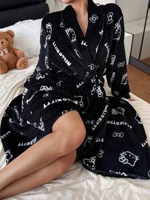 Women's Sleepwear, Cute Cat Print Soft Long Sleeve Pajamas, Plush Bathrobe Loungewear, Warm Winter Home Dress, Black - Black - View 3