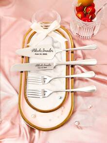 Personalized Laser Engraved Cake Knife And Fork Set - Customized Wedding And Celebration Cake Cutter, Personalized Wedding Gift, Stainless Steel Knife And Fork, Anniversary Knife, Wedding Party Supplies, Gift For Couples, Wedding Keepsake Gift - Multicolor - View 6