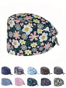 1 pieza Gorra de trabajo/gorra de enfermera con estampado floral vintage para mujeres, antibacteriana y antipolvo, con correa ajustable en la parte posterior, forro absorbente, gancho para la correa de la máscara, adecuada para médicos, enfermeras, salones de belleza, clínicas veterinarias, servicios de limpieza y mantenimiento del hogar - Multicolor - Ver 5