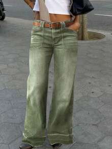 Women's Flared Jeans With Diamond Pockets - Army Green - View 5