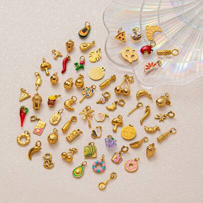 1pc Sweet And Cute New Fashionable Imitation Food Series Chili Mushroom Doughnut Hornbread Cheese Fries Toast Cake Blueberry Stainless Steel Pendant, Electroplated 18K Gold, Suitable For DIY Jewelry, Necklace, Bracelet Accessories, Earrings, Keychains, Bag Accessories, Women's Jewelry Accessories, Wallet Accessories, Small Pendant, Stainless Steel DIY Accessories