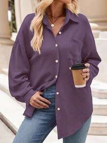 Women's Waffle Knit Button Front Shirt Collar Blouse, Drop Shoulder Long Sleeve, Pocket Detail - Purple - View 5
