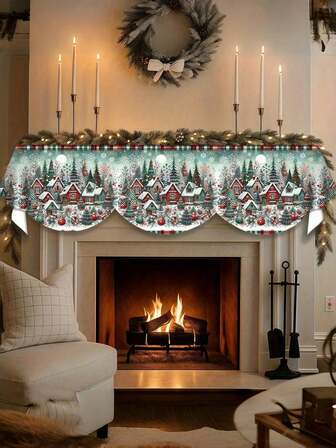 1 pieza Decoración navideña Feliz Navidad Bufanda para chimenea - Pueblo navideño y árbol de Navidad, diseño de bolas de Navidad, Camino de mesa de poliéster para decoración navideña del hogar, 200cm x 50cm.