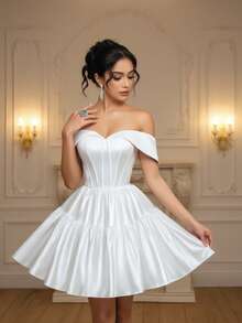 YUMIBRAVO Balletcore Off The Shoulder Wedding Dress Bride White Dresses For Women, Ball Gown Dress Short Prom Dress, Satin Wedding Dresses For Bride Birthday Women Outfits, Perfect For Classic Weddings, Graduation Dress, Party Dress
