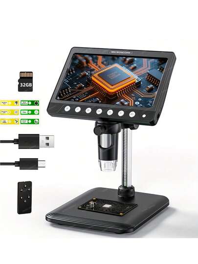7-Inch Large Screen Scientific Microscope Free Data Cable, Remote Control 32GB Storage Card, And 6 Specimen Slides Compatible With Smartphones, Laptops, Tablets, And Laptops Suitable For Electronic Chip Insect Coins, Research