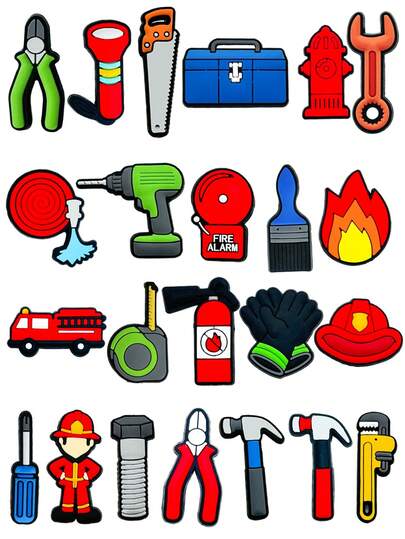 Conjunto de 23 Peças de Ferramentas de Combate a Incêndio, Projetado para Bombeiros e Série de Ferramentas, Decoração DIY, Encantos de Sapato em Material PVC, Incluindo Vários Padrões com Temas de Ferramentas como Carro Vermelho, Extintor de Incêndio, Chama, Sino, Escada, Chapéu, Etc., para Decoração de Sapatos, Natal, Halloween, Dia do Trabalho, O Melhor Presente para Bombeiros
