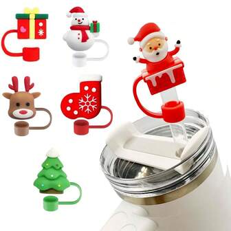 6 piezas Tapas reutilizables para pajitas, Decoraciones navideñas para pajitas, Tapas reutilizables para pajitas de 10 mm, Cubiertas decorativas para pajitas, Adecuadas para fiestas, reuniones con amigos, Tapas a prueba de polvo para pajitas, Suministros para fiestas, Accesorios decorativos para vasos