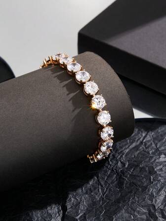 1pc Cubic Zirconia Fully Paved White Gold/18K Gold Plated Luxury Unisex Hip-Hop Bracelet, Gift For Party, Wedding, Suitable For Daily Wear