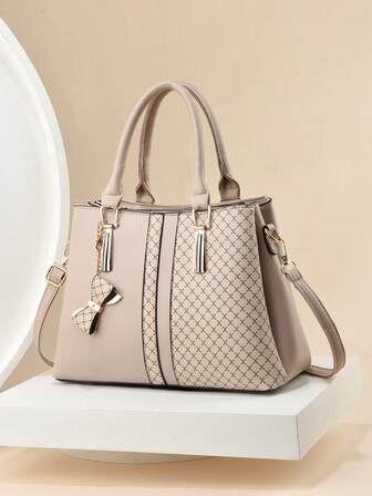 拼色手提包，大容量三口袋女包，优雅简约风格，适合妈妈的单肩包和斜挎包