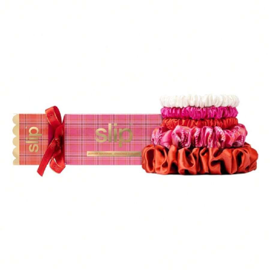 Slip Scrunchies In Holiday Cracker Packaging: Anti-Crease, Anti-Breakage Slipsilk™ Design Protects Delicate Hair | Includes 5 Assorted Pure Silk Scrunchies, Scarlet,25221272 - Xanh và trắng - Xem 1