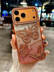 Ốp điện thoại hình bướm đính đá cho nữ/bé gái, tương thích với iPhone 17 Pro Max, 17 Air, 16, 15, 14, 13, 12 Pro Max, 14, 15, 16 Plus, 11, 13, 16, 17, màu cam ombre lấp lánh sang trọng, mặt lưng mềm trong suốt mạ điện bóng. - trái cam - Xem 4