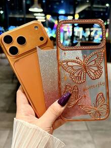 Ốp điện thoại hình bướm đính đá cho nữ/bé gái, tương thích với iPhone 17 Pro Max, 17 Air, 16, 15, 14, 13, 12 Pro Max, 14, 15, 16 Plus, 11, 13, 16, 17, màu cam ombre lấp lánh sang trọng, mặt lưng mềm trong suốt mạ điện bóng. - trái cam - Xem 5