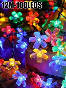 Cordão de luzes de Natal solares, 20/50/100 LEDs, luzes solares de cerejeira, à prova d'água para pátio externo, luzes solares em formato de flor com 8 modos de iluminação, luzes de fada solares para jardim, quintal, varanda, casamento, festa, camping, decoração de árvore de Natal, luzes de decoração de Halloween e Natal. - Preto - Ver 18