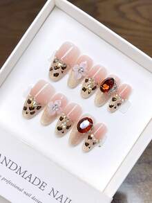 10 片纯手工可穿戴指甲，椭圆形指甲形状，手绘黄色豹纹法式猫眼，按压式指甲 - 彩色 - 查看 4