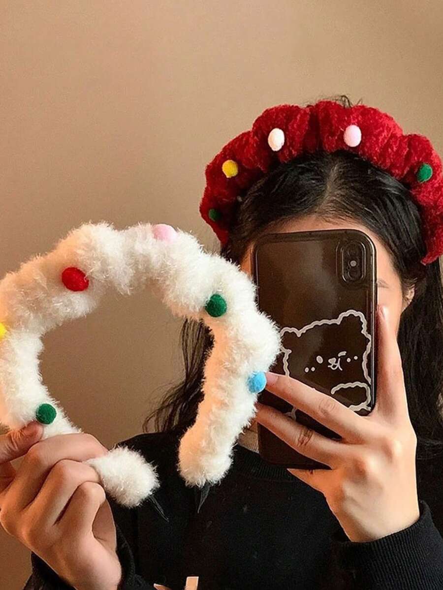 1 pezzo Cerchietto natalizio rosso in peluche colorato con fagioli di zucchero, accessorio per capelli con coda alta per ragazze, cerchietto natalizio
