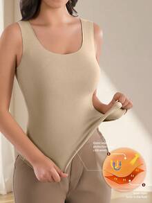 高品质舒适女士罗纹保暖纯色保暖U领无袖保暖背心，冬季女士保暖罗纹服装 - 卡其色 - 查看 1