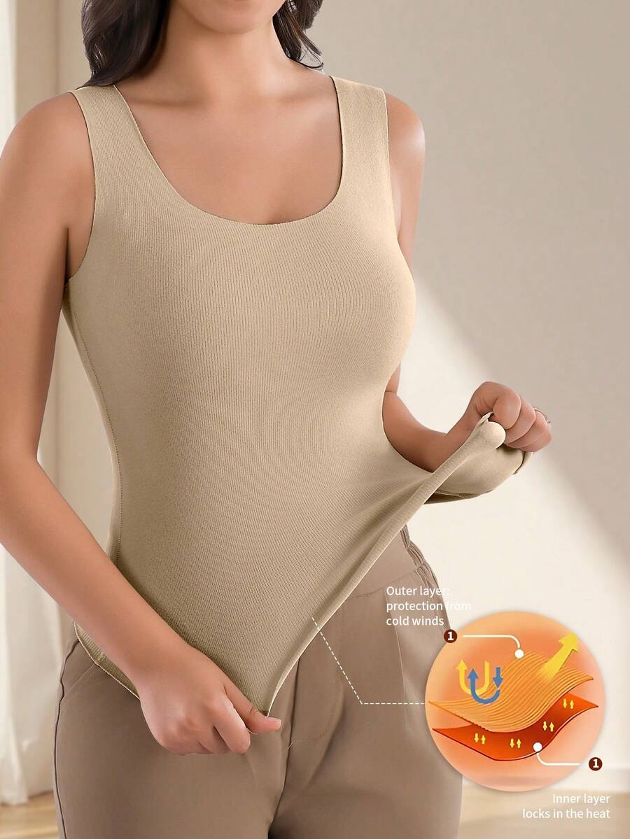 高品质舒适女士罗纹保暖纯色保暖U领无袖保暖背心，冬季女士保暖罗纹服装 - 卡其色 - 查看 1