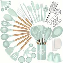 43pcs Wooden Handle Silicone Kitchen Utensil Set, Non-Stick Cookware Tools, Includes Spatula, Scraper, Spoon, Whisk, Basting Brush, Food Tongs, Pizza Cutter, Dishwasher Kitchen Gadgets With Stand For Baking And Cooking