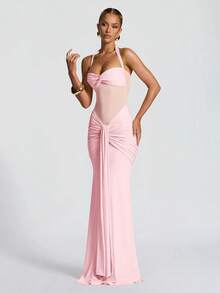 Sexy Spaghetti Strap Backless Waist Cinched High Slit Dress, Mesh Patchwork Vacation Party Dress - Pink - View 3