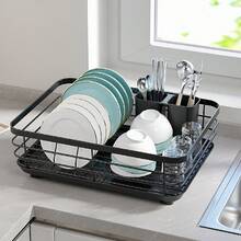 Large Dish Drainer Rack With Drip Tray Cutlery Holder Plates Kitchen Sinks, Home Decor, Party & Christmas Storage - Black - View 9