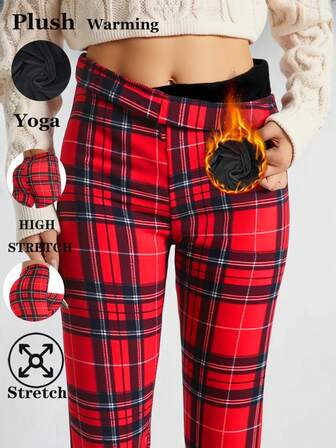 Autumn/Winter New Thermal Lined Leggings For Women, Fashionable European And American Style, Red Color, High Elasticity, Soft, Plaid Pattern, Skinny Fit, Comfortable For Home, Yoga, Exercise, Outdoor Activities, Parties, Holidays, Gift