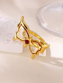 1Pc Gothic Style Butterfly Ring With Red Gemstone, Edgy Dark Style Butterfly Mask Ring, Halloween Jewelry Fashion Accessories, Halloween Party Accessories