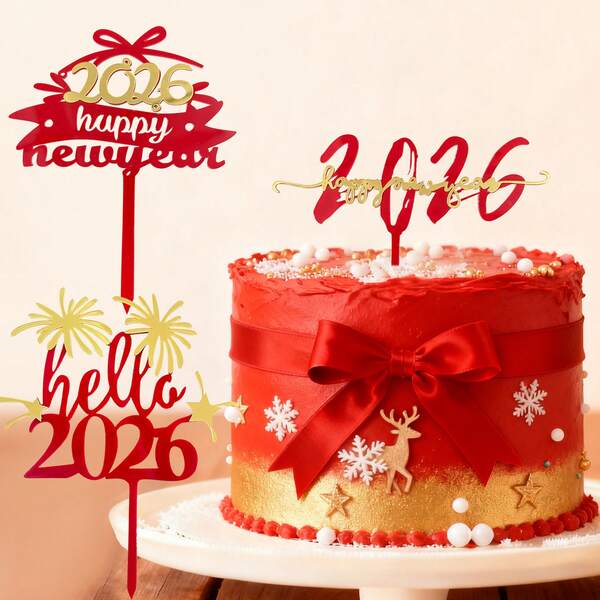 1 pieza/3 piezas/6 piezas Decoración para tarta de Año Nuevo "Feliz Año Nuevo 2026" en rojo y dorado de acrílico, para decoración de tartas de fiesta de Año Nuevo