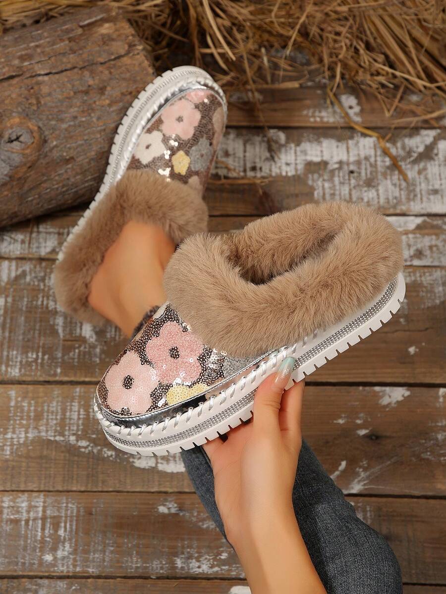 2025 Autumn/Winter New Fashion Short Snow Boots, All-Match One-Push Furry Thick-Sole Outdoor Boots With Full Rhinestones - Silver - View 1