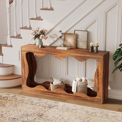 Dragonpad 63inch Farmhouse Console Table With Storage, Narrow Wavy Entryway Sofa Table For Hallway, Foyer & Living Room, Brown Wooden Industrial Accent Table, Sturdy Entry Table Stand