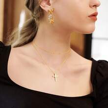 Luxval Lariat Gold Necklace For Women, Dainty Long Necklace 14k Gold Plated/Silver Y-Shaped Pendant Necklaces  Beaded Chain Drop Necklaces Jewelry For Women Gifts{"Color_name":"Gold-LayeredCross"} - 金疊十字架 - 查看 5