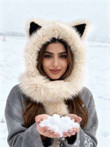 1pc Soft Plush Cat Ear Hat With Integrated Scarf, Unisex Winter Warm Fashion, Lightweight Knitted, Snap Closure, Suitable For Singles Party, Fuzzy Fox Hat, Autumn/Winter Bomber Hat With Scarf, Cute Bear Hat For Cycling Autumn Outfits - Multicolor - View 5