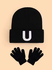 1 套儿童保暖礼品套装，包含刺绣针织帽和针织手套，柔软透气，26 个字母可定制，男孩女孩冬季保暖配饰套装，适合节日、生日、日常穿着、学校、户外 - 黑色 - 查看 24