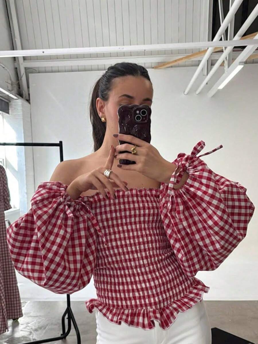 Red & White Plaid Puff Sleeve Tie Cuff Ruffle Hem Halter Women Blouse - Red and White - View 1