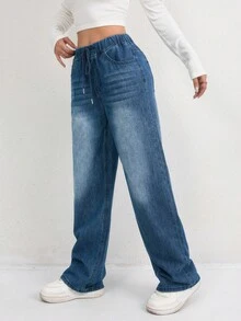 Women's High Waisted Stretch Wide Leg Jeans – Pull-On Baggy Denim Pants With Drawstring & Pockets | Casual Dressy Straight/Barrel Leg Trousers ﻿ - 深天藍 - 查看 6