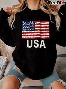 2025Women's Plus Size Embroidered USA Flag Sweatshirt - Patriotic Red White & Blue Casual Pullover, Long Sleeve Round Neck Machine Washable Autumn Winter Top, Ladies Sweater BlousesSoft And Breathable - 黑色 - 查看 7