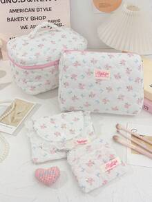 1Pc/Set Sweet Blue Bowknot Pattern Wash And Cosmetic Bag Set,Portable Large Capacity Travel Organizer Toiletry Bag Makeup Bag Skincare Bag,Gift - Multicolor - View 2